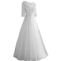 Kivary Vintage Sheer 1/2 Sleeves Tulle A Line Sash Long Prom Evening Dresses Sil - £94.95 GBP