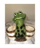 Vintage 9&quot; Handmade Majolica Ceramic Kitsch Frog Double Planter Pot Bask... - $81.83 CAD