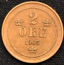 1905 Sweden 2 Ore Oscar II Coin KM#769 - £5.43 GBP