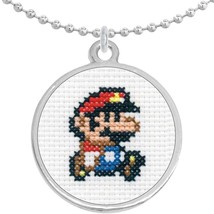 Mario Cross Stitch Round Pendant Necklace Beautiful Fashion Jewelry - £8.60 GBP