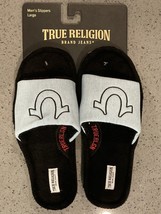 TRUE RELIGION Mens Large 11-12 Light Blue Black Slippers Open Toe ⭐️SHIP... - $24.07