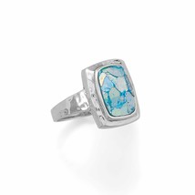 Hammered Square Blue Roman Glass Ring 925 Sterling Silver Unisex Solitaire Band - £122.79 GBP