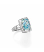 Hammered Square Blue Roman Glass Ring 925 Sterling Silver Unisex Solitai... - £120.80 GBP