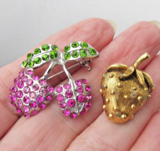 Vintage 2 Raspberry Strawberry Rhinestone Silver Gold Tone Brooch Pins - $11.67