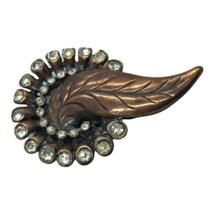 Vintage Art Deco Fur Clip Leaf Rhinestone statement bronze antique - $29.69