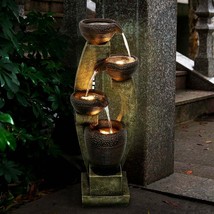 Water Fountain Outdoor-Indoor Faux Stone Lighted  4 Tier LED Lights Garden Brown - £288.63 GBP