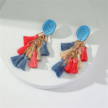 Blue Howlite &amp; Red Polyster Oval Tassel Drop Earrings - £11.18 GBP