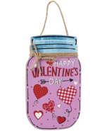 Valentine&#39;s Day Mason Jar Wall Plaque Country Hearts Jute Bow PInk Red W... - $21.08 CAD