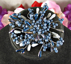 Atomic Blue Beaded Brooch Vintage Pin Shades Silvertone Gass Beads Starburst 3&quot; - £14.72 GBP