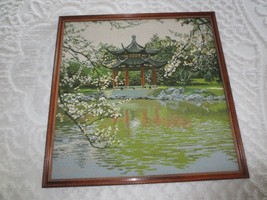 COMPLETED Framed PAGODA REFLECTIONS in SPRINGTIME Needlepoint - 28.5&quot; x ... - $99.00