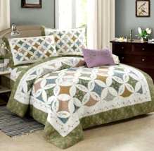 4pc Green Blue Pink White Floral Cotton Queen Handmade Star Quilt Coverlet Set - £212.83 GBP