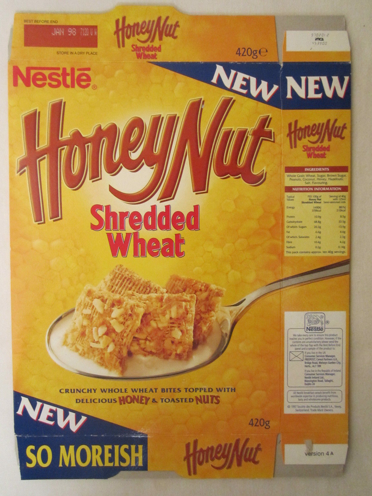 Empty Cereal Box HONEY NUT SHREDDED WHEAT 1997 NESTLE 420g From the UK [G7C12g] - $12.76