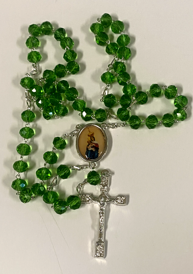 Our Lady of Mount Carmel Handmade Green Rosary, New from Colombia #L059