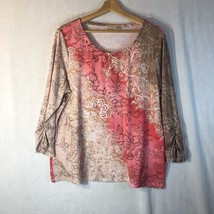 Zenergy Chico&#39;s Size 2 Tan Pink Brown Floral Knit Top Shirt 3/4 Sleeve - £19.37 GBP