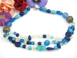 Big Bold Blue Beads In Glass Vintage Necklace 3 Strand Front Silvertone 20&quot; - £22.94 GBP