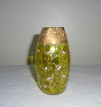 Bohemian Green Glass Vase Gold Encrusted Hand Painted Vintage 5&quot; - £74.03 GBP