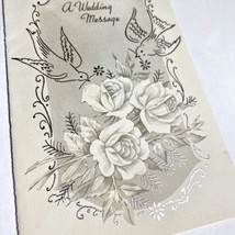 Vintage 1958 Wedding Message Congratulations Greeting Card Roses Doves Silver - £7.98 GBP