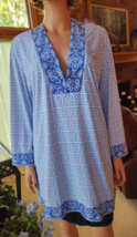 Liz Claiborne Sz L Blue White Border Print Silky Tunic Top - £19.73 GBP