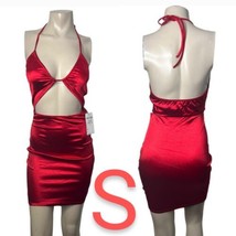 Red Satin Silky Open Front Cut Out Halter Mini Dress~ Size S - £41.11 GBP
