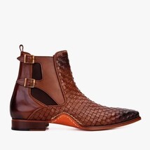 The Rolls Boot Woven Tan Leather Double Monk Strap Handmade Men Shoe image 4