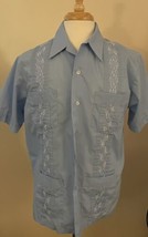 The Genuine Haband Guayabera Shirt Men&#39;s Large Embroidered Blue Button 4 Pocket - £16.95 GBP