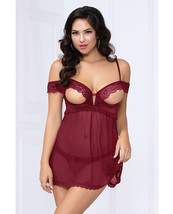 Lace &amp; Mesh Open Cups Babydoll W/fly Away Back &amp; Panty Wine Md - £14.82 GBP