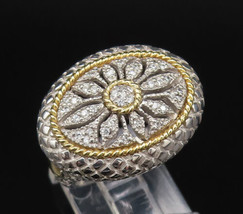 18K GOLD &amp; 925 Silver - Vintage Genuine Diamonds Quilted Ring Sz 6 - RG25989 - £83.87 GBP