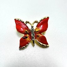 Red Black Enamel Butterfly Brooch Pin Clear Rhinestones Gold Tone Metal Vintage - £11.00 GBP