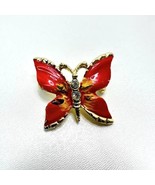 Red Black Enamel Butterfly Brooch Pin Clear Rhinestones Gold Tone Metal ... - £11.07 GBP