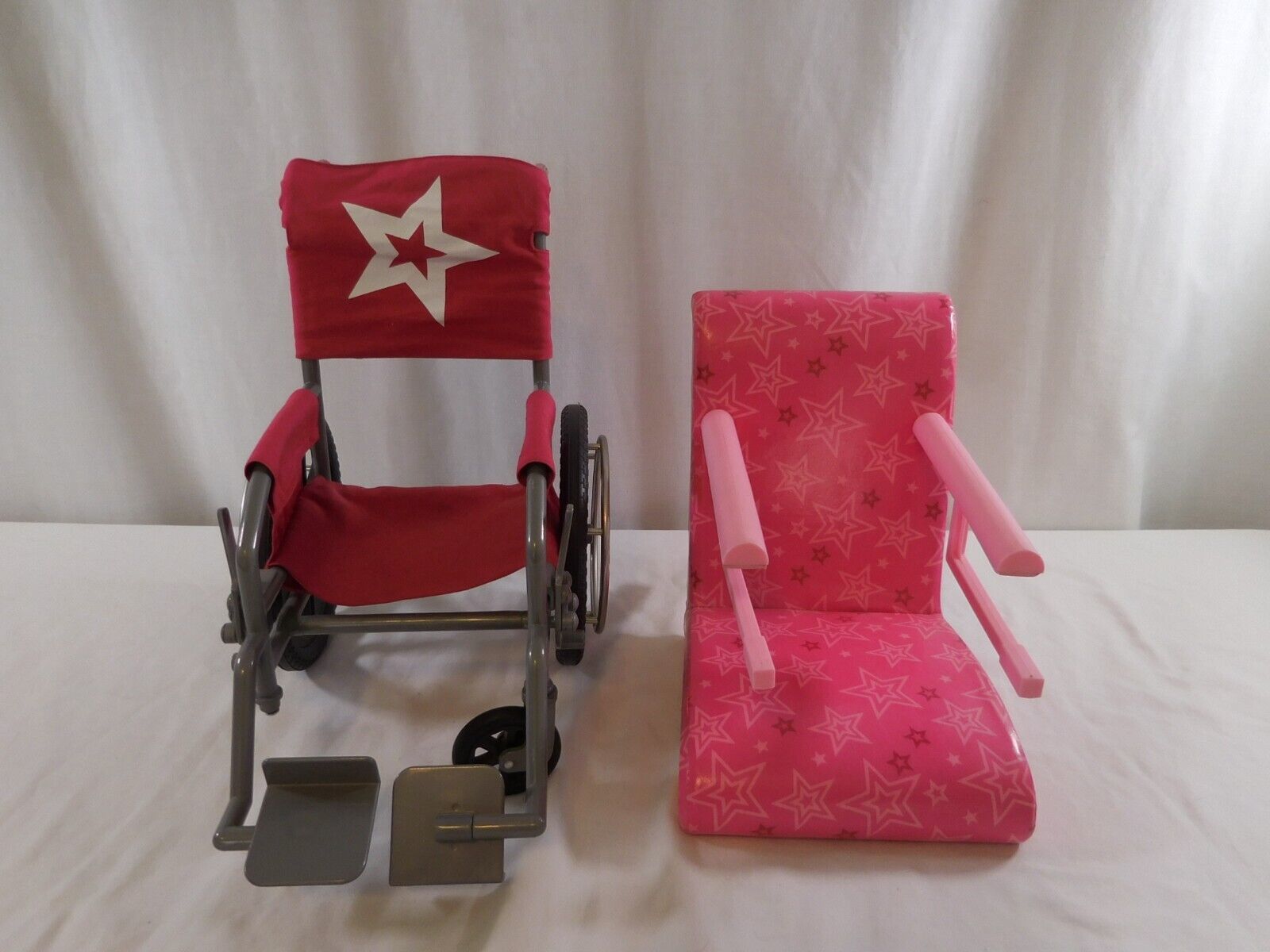 American Girl Wheelchair Berry Pink +  Chair Bistro Cafe Seat Table Booster Pink - $20.81