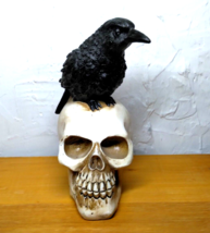 Crow Sitting on a Skull, Halloween Home Decor - Poe &quot;Quote the Raven!&quot; 6.5&quot; tall - £21.28 GBP