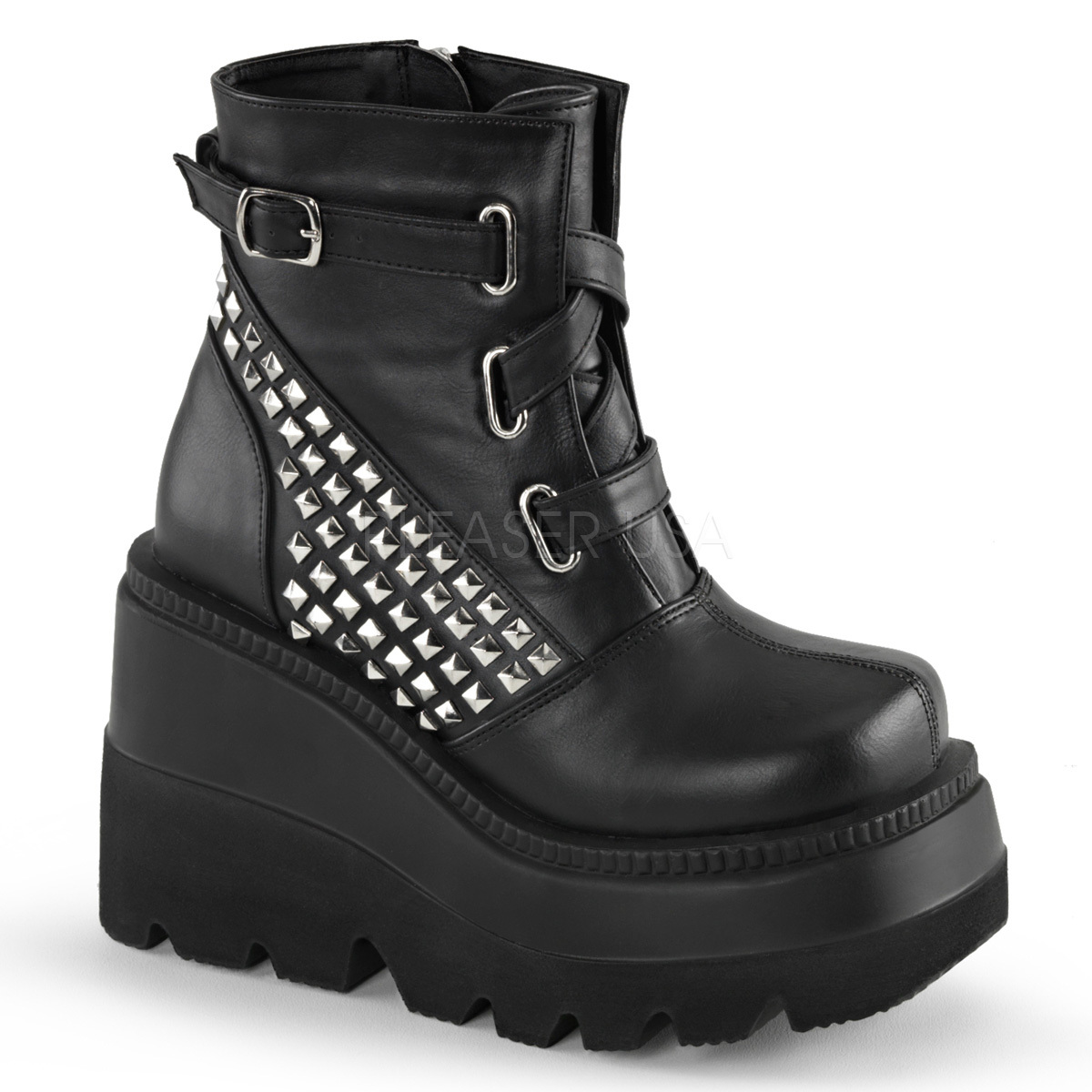 DEMONIA Shaker-50 4 1/2" Stacked Wedge PF Platform Boots - Black Vegan Leather - $68.95