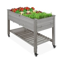 Outdoor Grey Wood Raised Garden Bed Planter Box with Shelf and Locking Wheels - $337.92 CAD