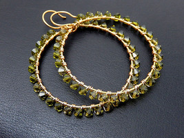 Green Hoop Earrings, Wire Wrapped, Gold Brass Crystal Hoops - £41.11 GBP