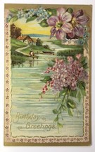 Birthday Greetings Antique PC Embossed Floral Landscape Gold Foil Accent - £5.68 GBP