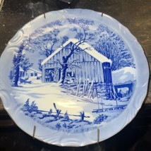 Currier & Ives The Old Homestead in Winter Vintage Blue Plate, Sanyei Japan - £7.07 GBP