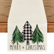 Buffalo Plaid Merry Christmas Trees Table Runner, Seasonal Winter Xmas H... - $24.99