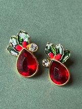 Avon Signed Large Red Teardrop Jelly Cab w Green Enamel Holly Christmas Goldtone - £10.29 GBP