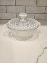 Vintage Opalescent Hobnail Moonstone Lidded Handled Candy Glass Dish 7.5... - $18.00