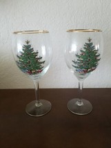 2  Spode 8.5&quot; Christmas Tree Water Goblets Gold Rims Glasses Pedestal 16... - £29.38 GBP