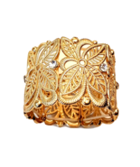 Texture Gold Tone Stretch Bracelet Wide Rhinestone Accent Ribbed Leaves ... - $372.89 MXN