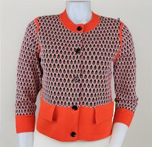 Ann Taylor Retro Geo Print Sweater Womens Small Coral 3/4 Sleeve Jacket ... - $18.22