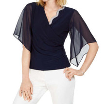 Msk Womens Embellished Chiffon Sleeve Top Size Medium Color Navy/Blue - £25.84 GBP