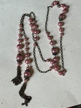 Long Antique Goldtone Chain w Pretty Rose Pink Faux Pearl Bead Necklace w Long - £9.10 GBP