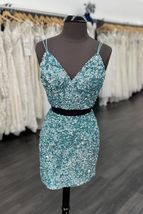 Two Piece Blue Sequins Tight Homecoming Dresses,Sparkly Cocktail Party Dress - £91.01 GBP