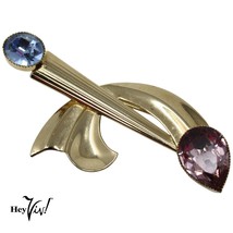 Vintage Art Deco Style Curved Pin Brooch Large Rhinestones Goldtone 3&quot; - Hey Viv - £19.18 GBP