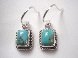 Very Small Turquoise Rectangle 925 Sterling Silver Earrings w Rope Style Accents - £10.75 GBP