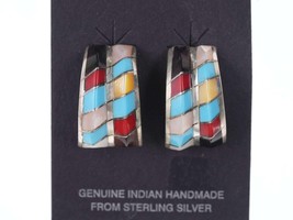 Native American Sterling Multi-stone channel inlay hoop earrings - £66.19 GBP