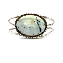 Vtg Signed Sterling JE Rare Dendritic White Agate Cabochon Cuff Bracelet 5 1/2 - £87.04 GBP