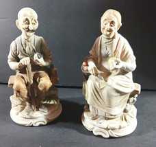 Set Of Vintage Old Man W Pipe &amp; Woman W Fruit Figurines Sitting Enesco E 2013 - $17.28